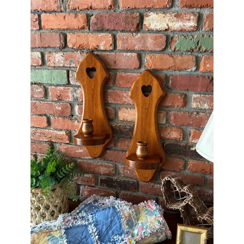Vintage Pair of Solid Wood Wall-Mounted Candlestick Holders – Heart Cutout